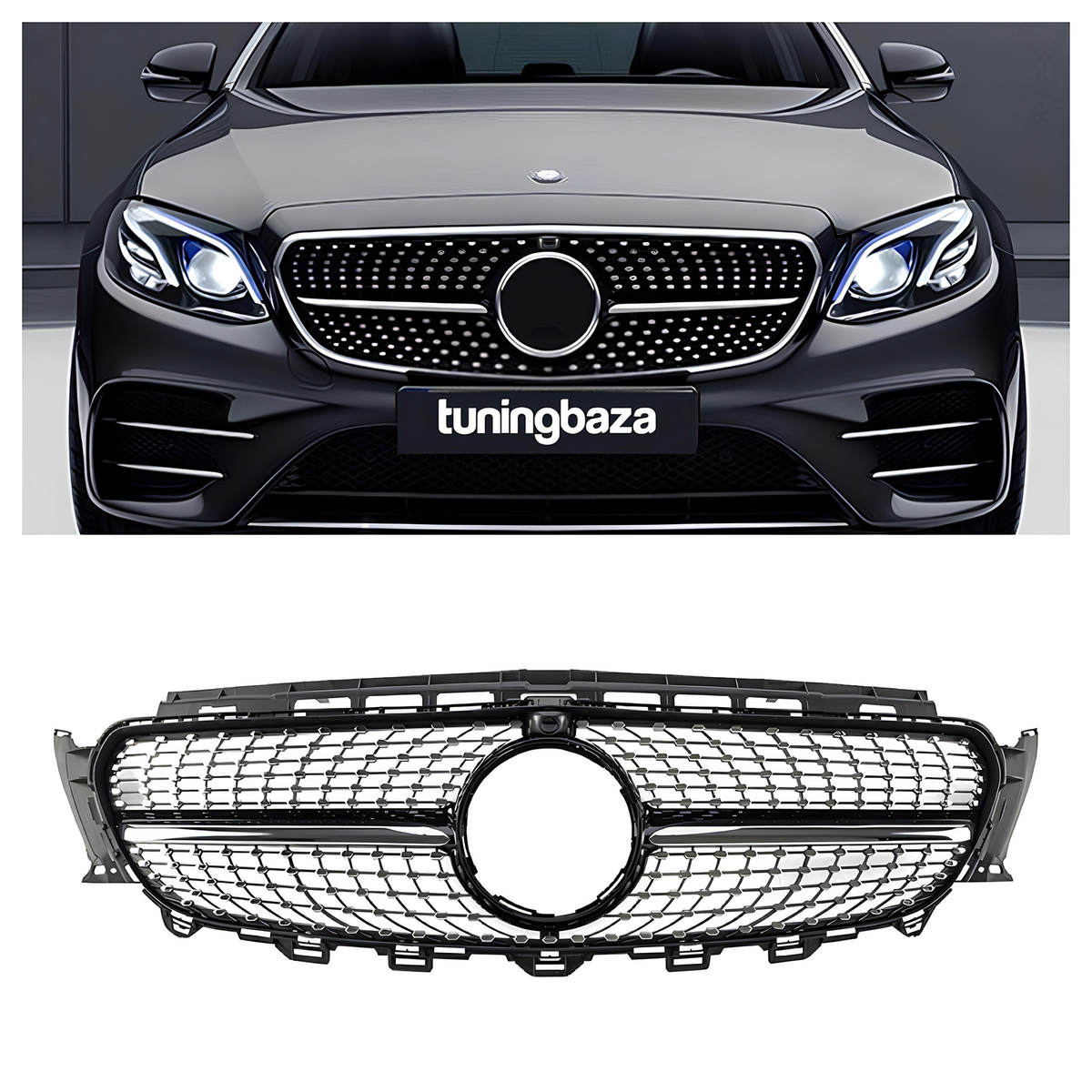 Grill Mercedes-Benz E-Klasy W213 / C238 (2016–2020) Diamond-Style Carny Połysk+ Chrome (do Kamery 360)