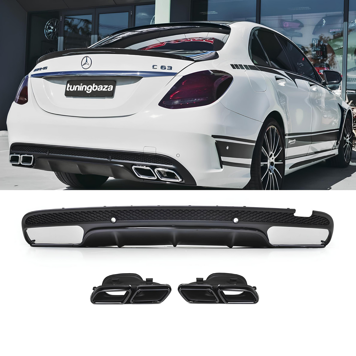 Dyfuzor Tylny Mercedes W205 / S205 (2014–2021) C63-Style Czarny Połysk z Końcówkami Wydechu ▭▭-▭▭