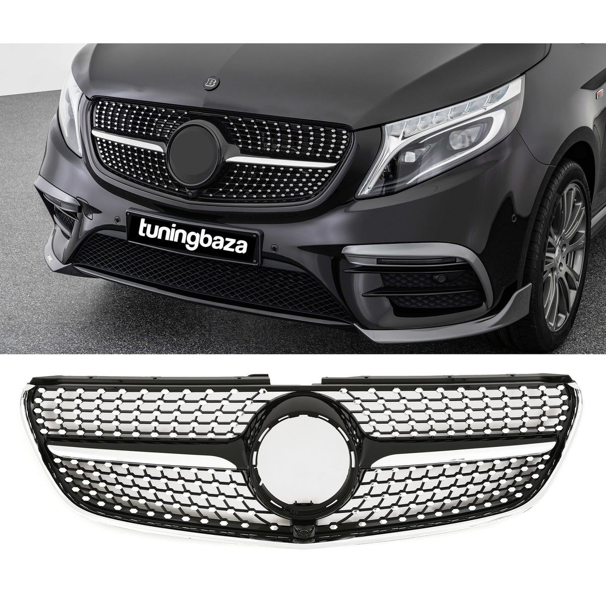 Atrapa Grill DIAMOND BLACK Mercedes V-Klasa W447 FACELIFT 04.2019+ | Tylko AMG Line | Czarny Połysk + Chrom
