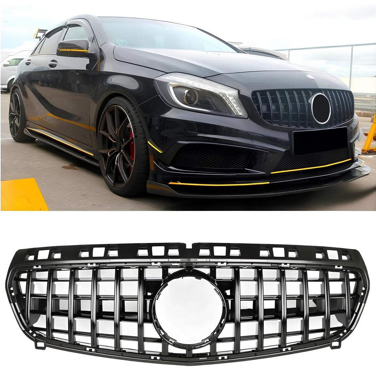 Atrapa Grill GT STYLE Mercedes A-Class W176 CZARNY POŁYSK 07/2012–09/2015 (PRE-FACELIFT)