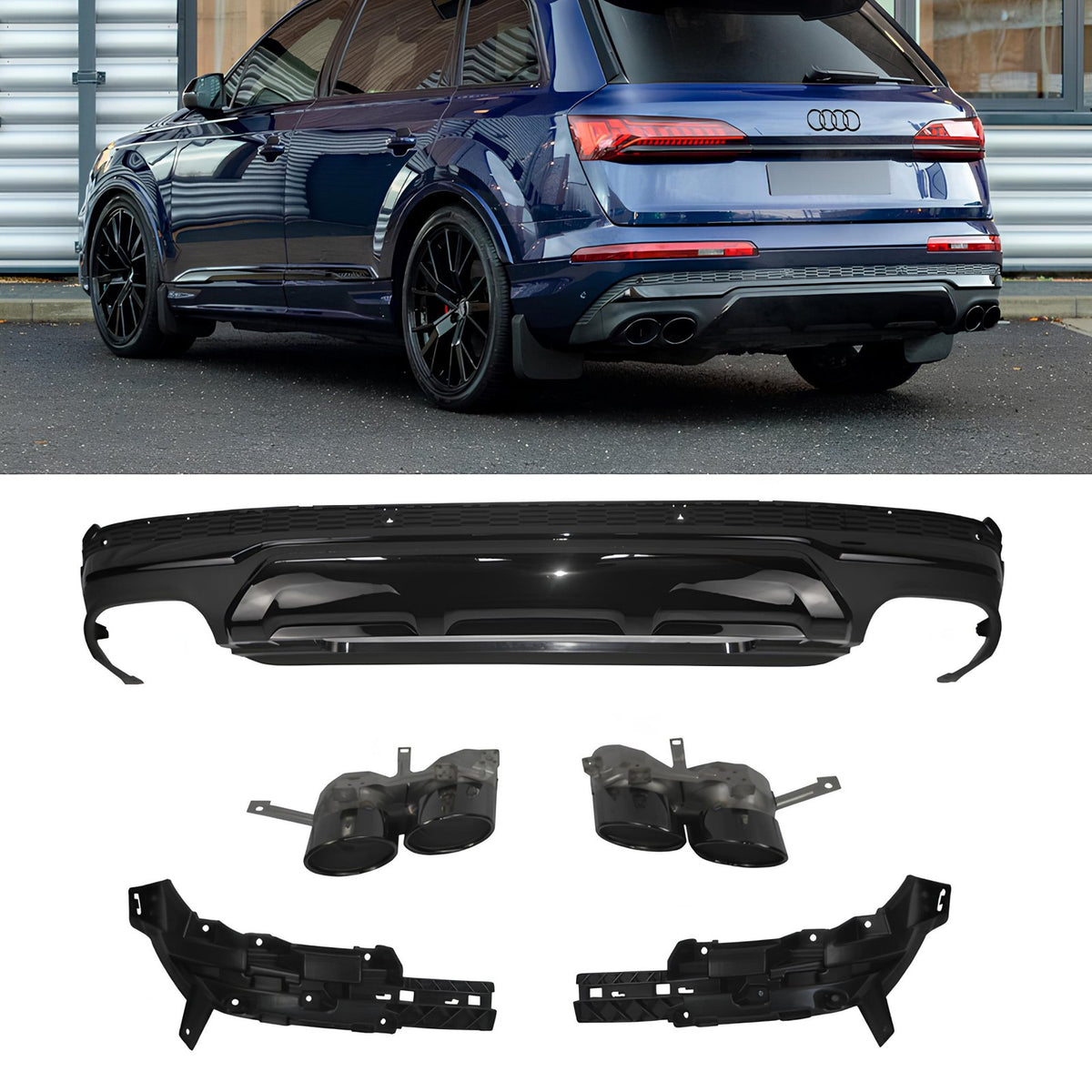 Dyfuzor Tylny z Końcówkami Wydechu Audi Q7 4M (2020–2023) S-line Czarny Połysk