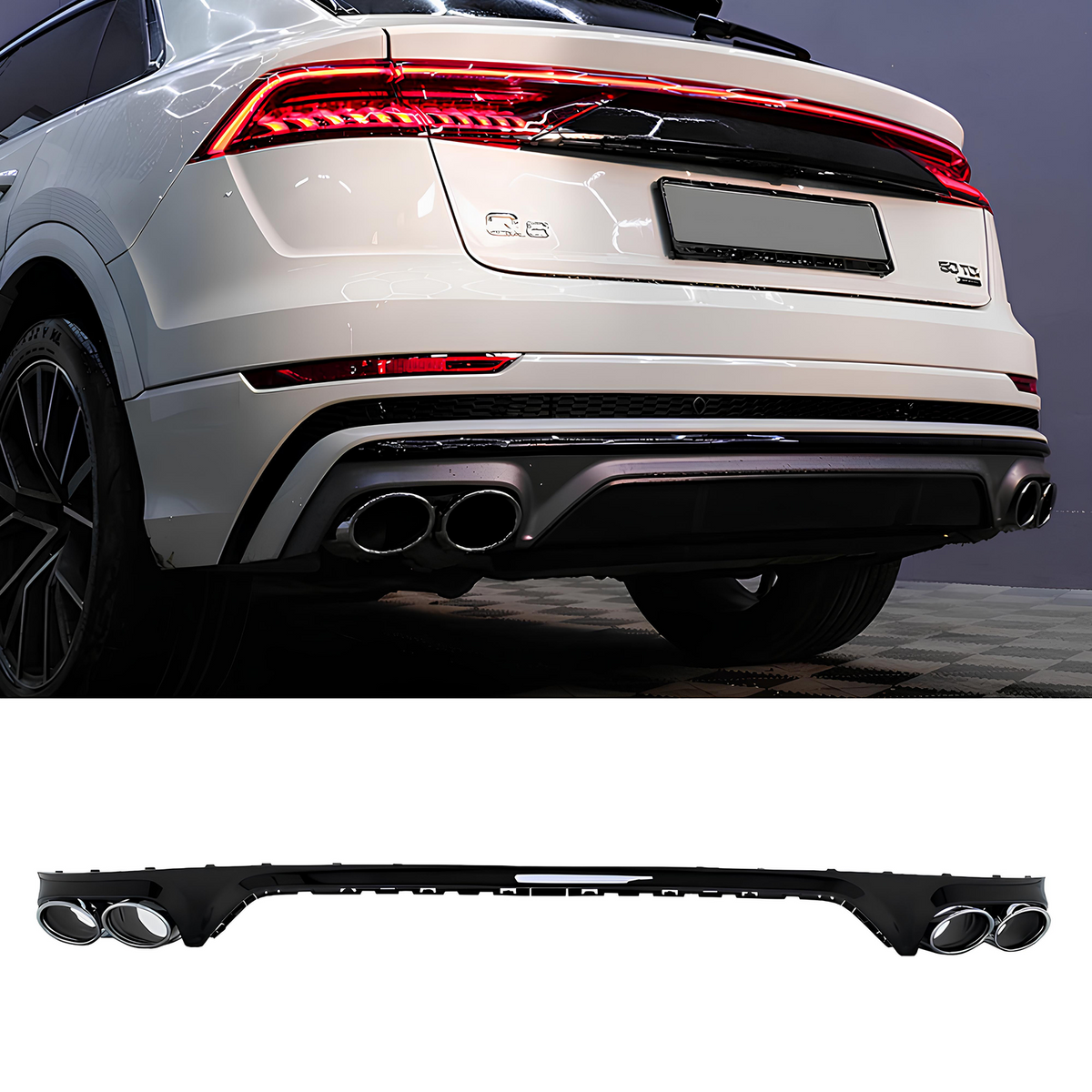 Dyfuzor Tylny z Końcówkami Wydechu do Audi Q8 F1 w Stylu SQ8 S-Line (2018–2023) Czarny Połysk