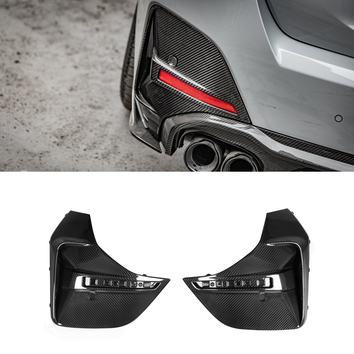 Karbonowe Dekory Tylnego Zderzaka przy Odblaskach BMW G26 SOOQOO Style (Dry-Carbon)