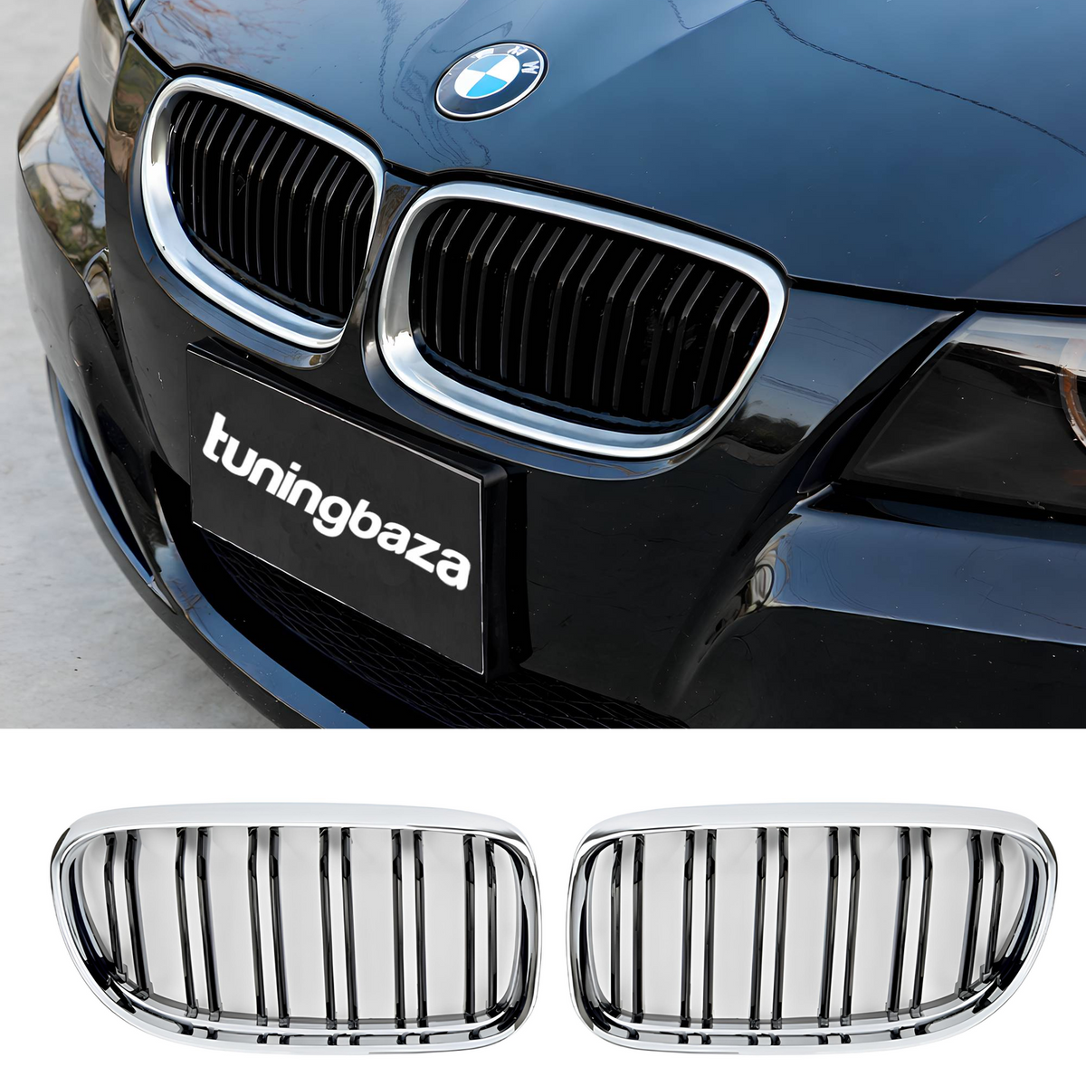 Atrapa Nerki BMW Seria 3 E90 / E91 LCI (2008–2012) Czarny połysk + Chromowana ramka