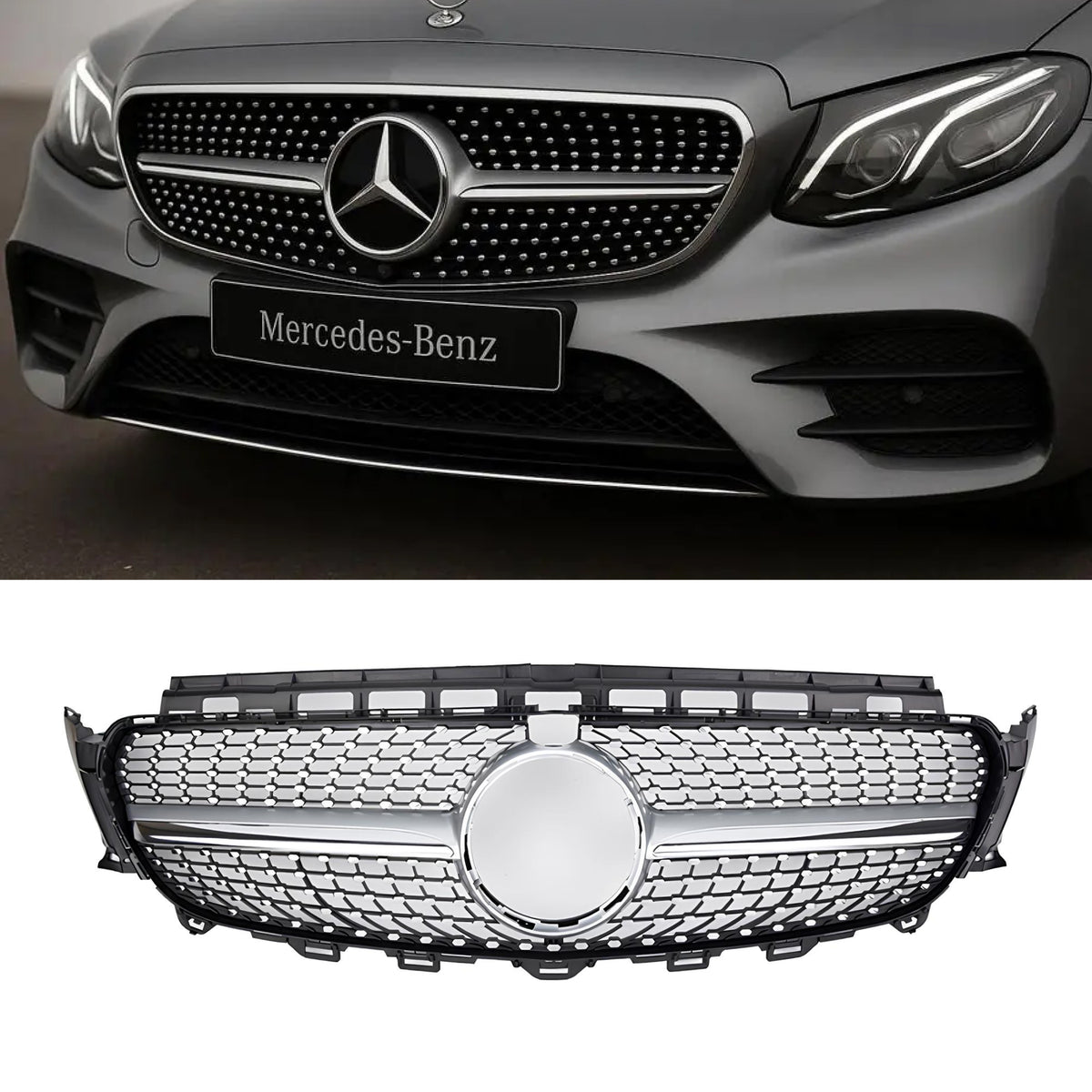 Grill Mercedes-Benz E-Klasy W213 / C238 (2016–2020) Diamond Style Szary + Chrom Z Kamerą(do Kamery 360)