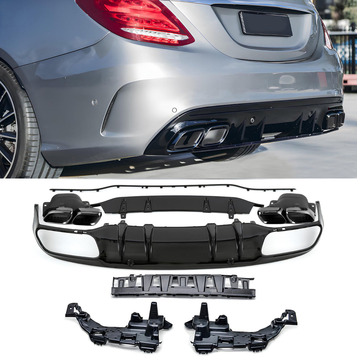 Dyfuzor Tylny Mercedes W205 / S205 (2014–2021) C63/C43 AMG Czarny Połysk z Końcówkami Wydechu
