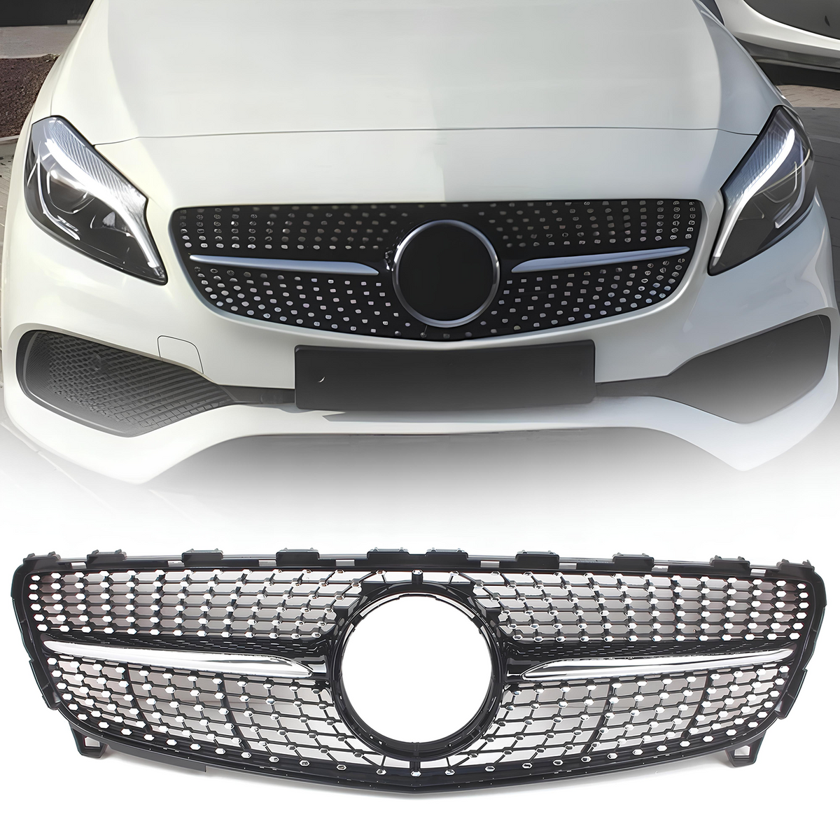 Atrapa grill DIAMOND STYLE Mercedes A-Class W176 Czarny połysk + Chrom 2015–2018 (POLIFT)