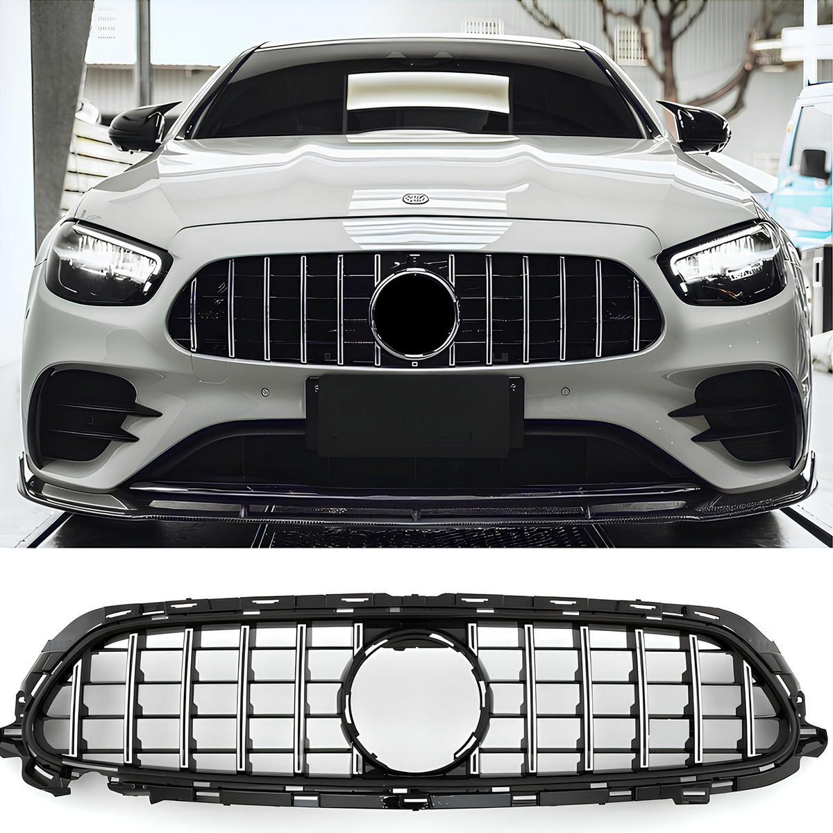 Atrapa Grill Mercedes E W213 / C238 (2020-2023) GT-Style CZARNY POŁYSK+CHROM (AMG-Line)
