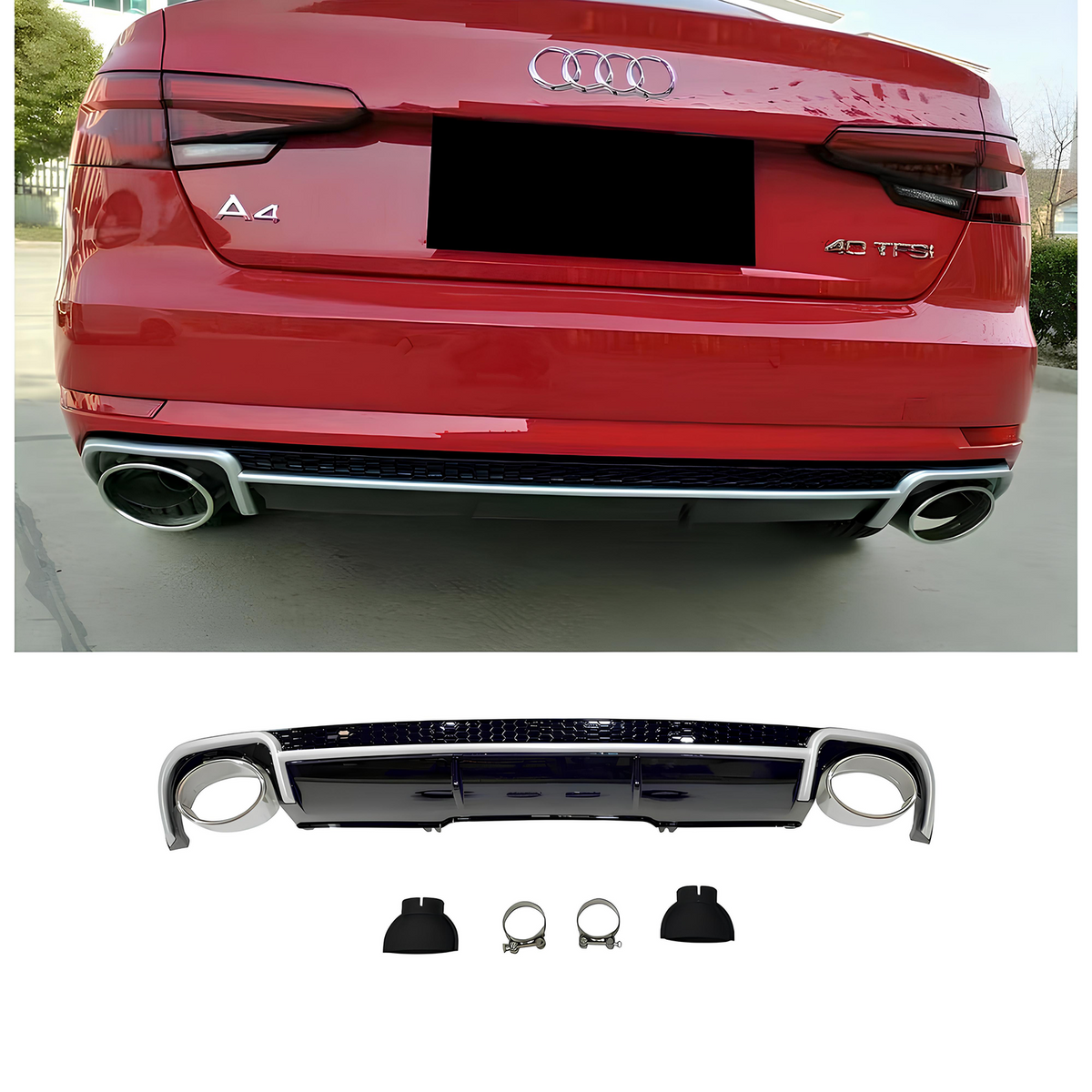 Dyfuzor Tylny Audi A4 B9 RS4 Style Czarny Połysk z Końcówkami Wydechu (2016-2019)