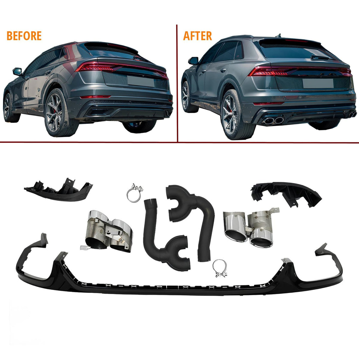 Dyfuzor Tylny z Końcówkami Wydechu do Audi Q8 F1 w Stylu SQ8 S-Line (2018–2023) Czarny Połysk