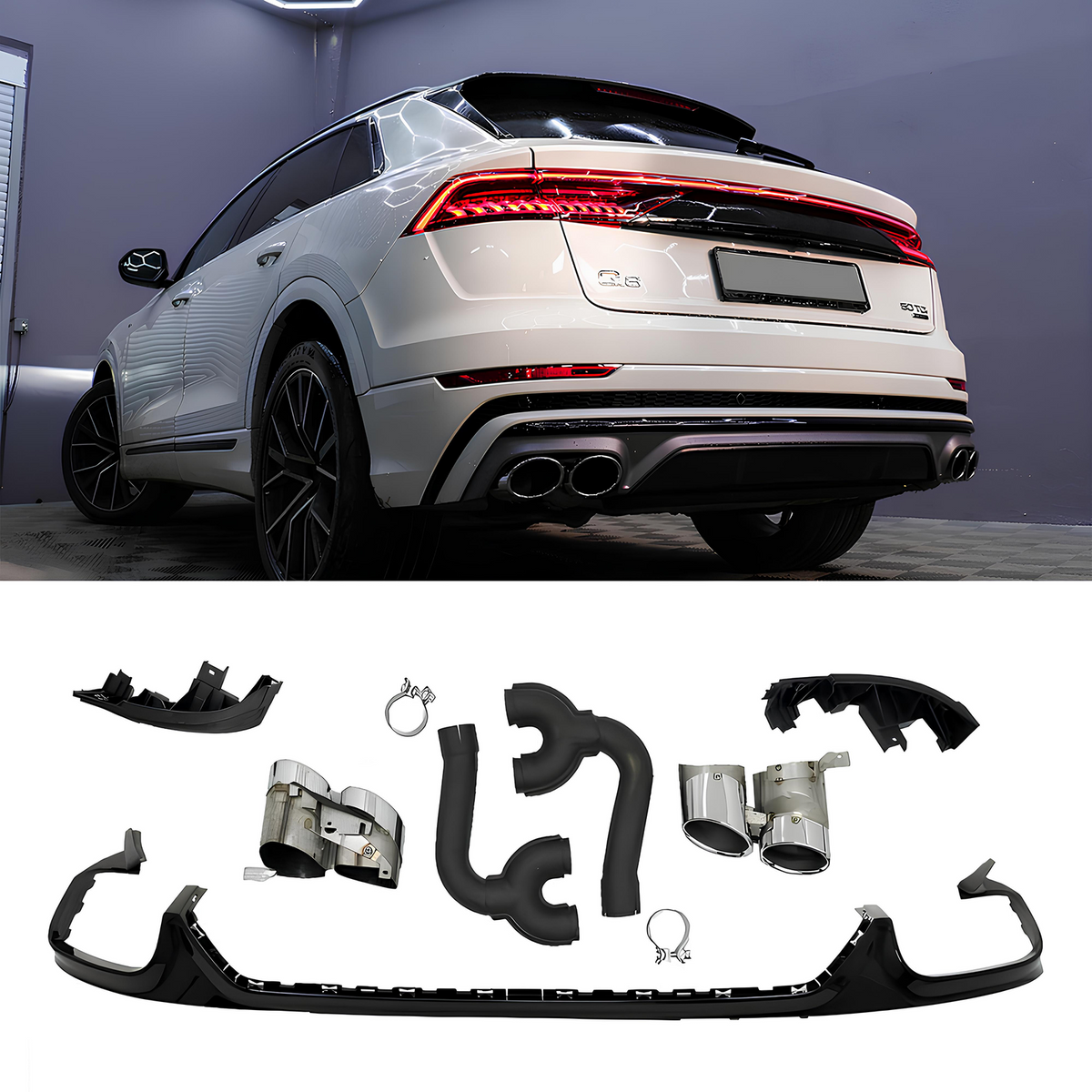 Dyfuzor Tylny z Końcówkami Wydechu do Audi Q8 F1 w Stylu SQ8 S-Line (2018–2023) Czarny Połysk