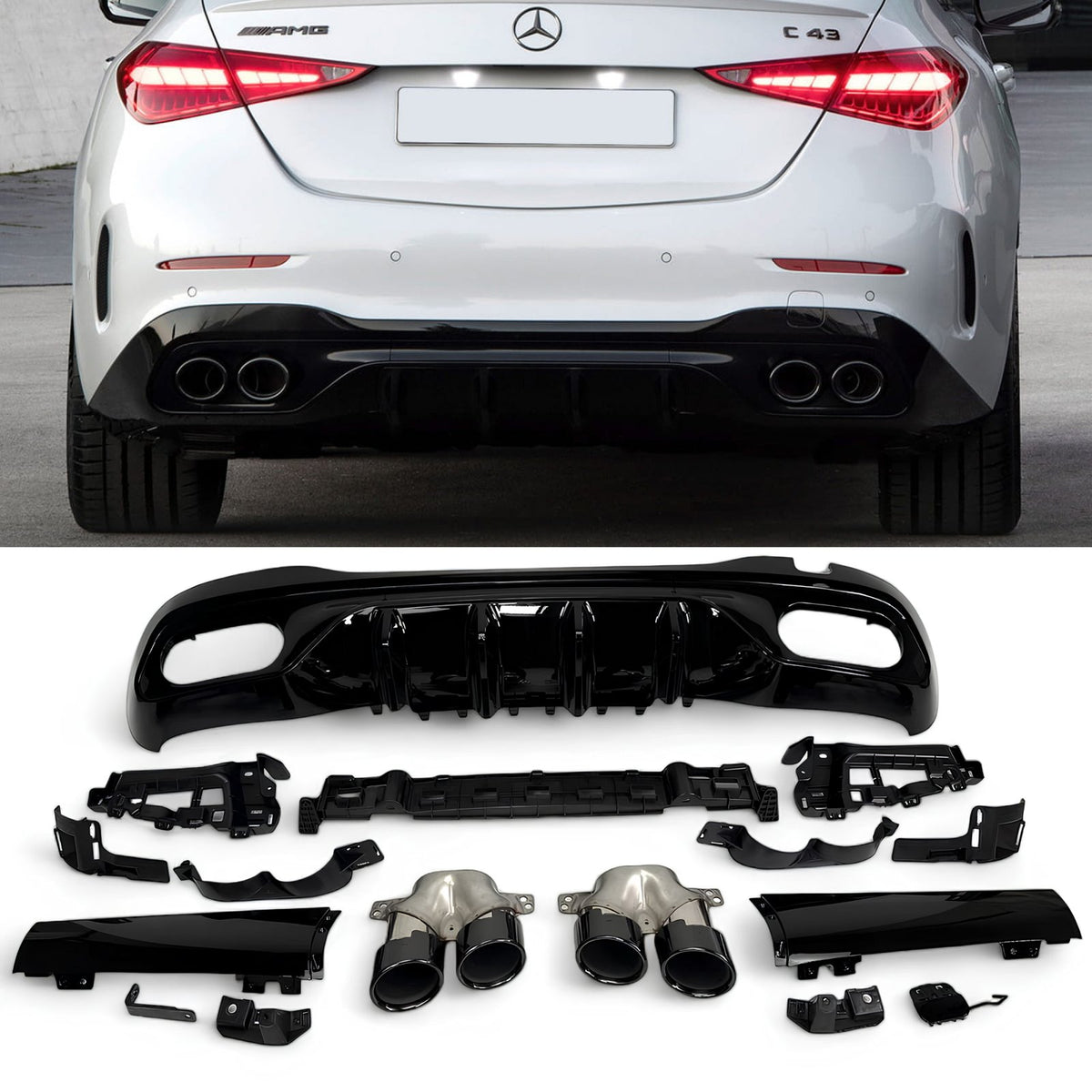 Dyfuzor Tylny Mercedes W206 C43 AMG Style Czarny Połysk z Czarnymi Końcówkami (2021+) 00--00