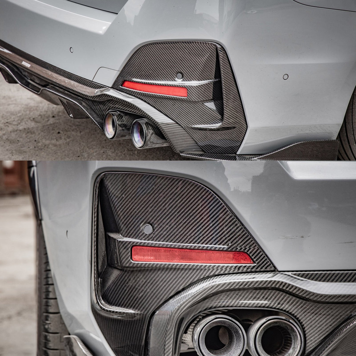 Karbonowe Dekory Tylnego Zderzaka przy Odblaskach BMW G26 SOOQOO Style (Dry-Carbon)
