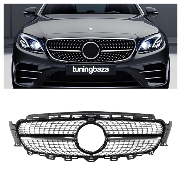 Grill Mercedes-Benz E-Klasy W213 2016–2020 Diamond Style Srebrny + Chrome (Z / BEZ Kamery 360)