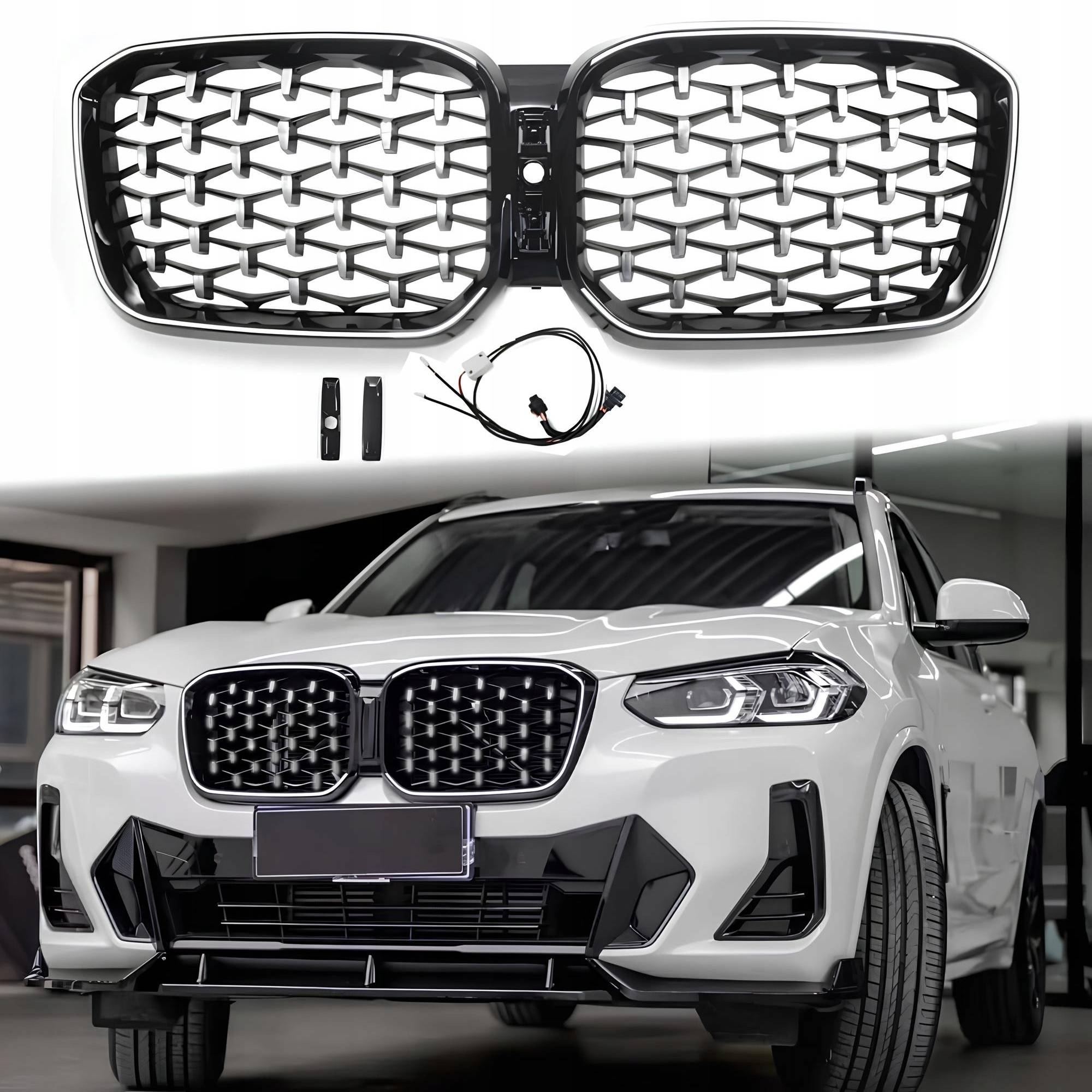 Atrapa Nerki BMW X3 G01 / X4 G02 LCI (2021–2024) Silver Diamond & Black Rim LED - obrazek 1
