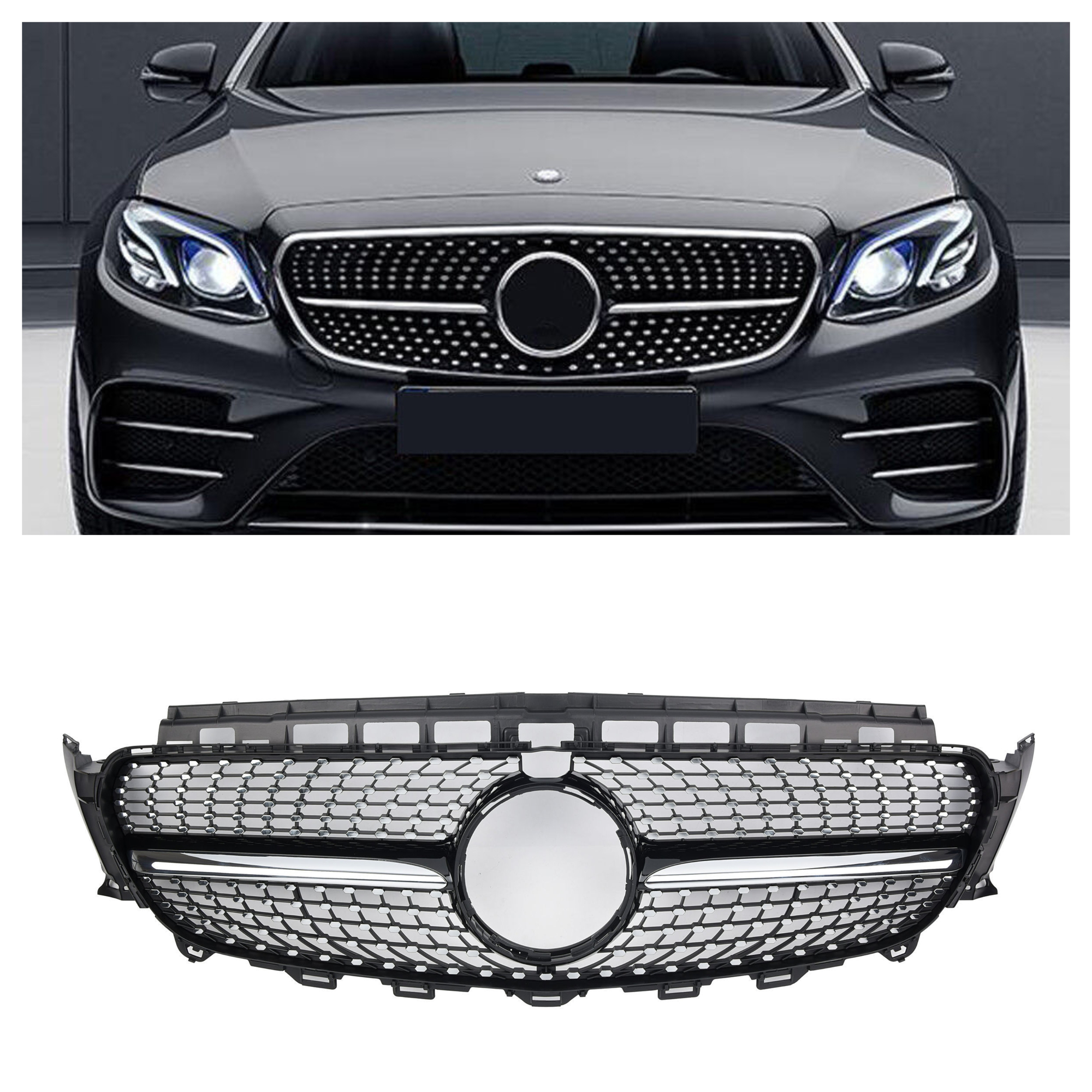Grill Atrapa Mercedes E-Klasa W213 Diamond Style Czarny + Chrom Z Kamerą - obrazek 1