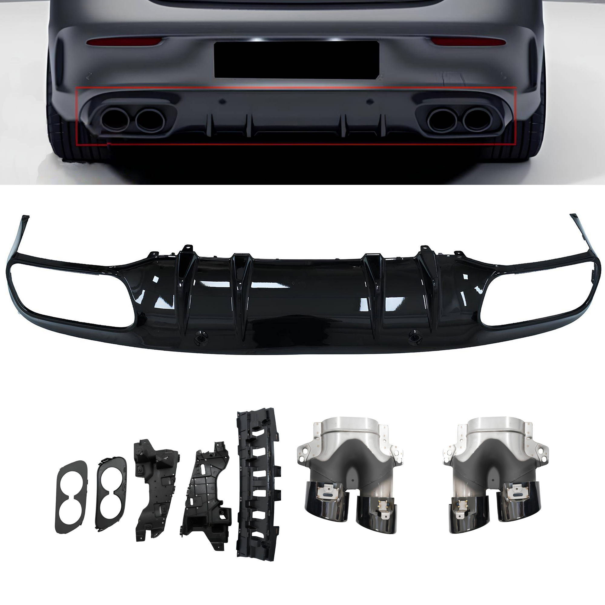 Dyfuzor Mercedes W205 / C205 AMG C43 Style Czarny Połysk z Końcówkami Wydechu (2015+) - obrazek 1