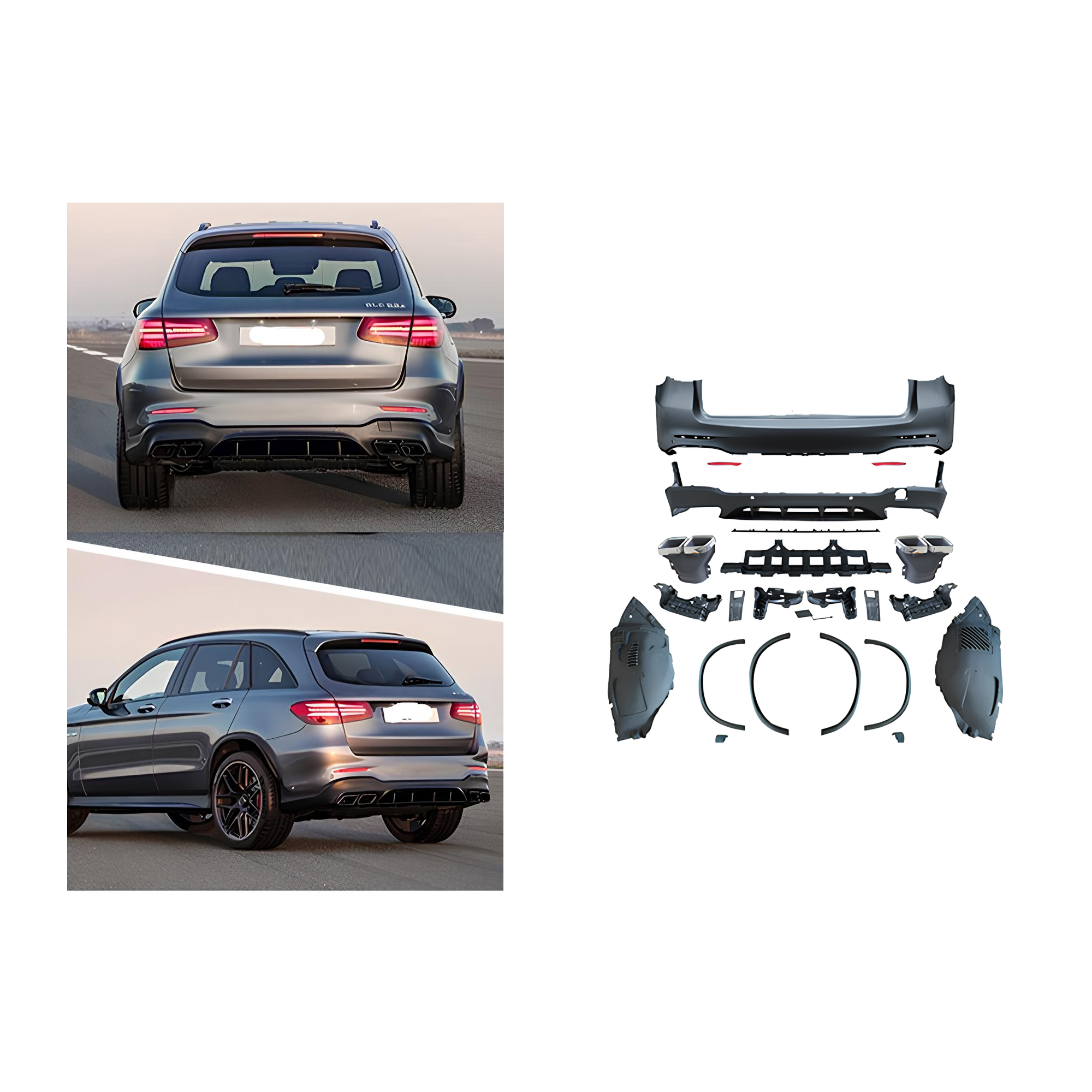 Bodykit do Mercedes GLC X253 AMG Styl 16-19 Zderzaki + Dyfuzor z KońcówkamiKompletny zestaw bodykit przeznaczony do Mercedes-Benz GLC X253 w wersji standardowej (nie AMG) z lat 2016–2019, umożliwiający konwersję wizualną na wygląd GLC63 AMG. Wszystkie elementy wykonane są z wysokiej jakości tworzywa PP/ABS i przygotowane do montażu w oryginalne punkty mocowania. - obrazek 4